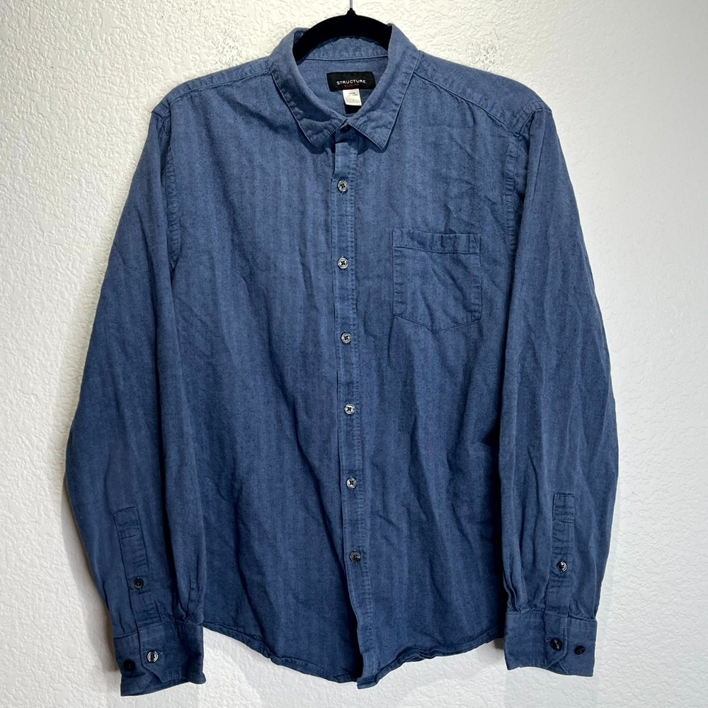 Structure Shirt Womens Large Blue Herringbone Slim Fit‎ Chambray Button Up